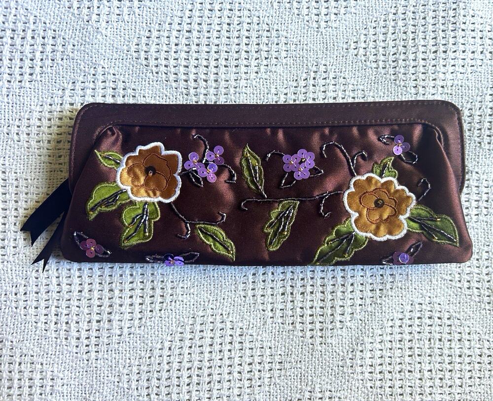 Vintage Avon Brown Satin Embroidered Floral Clutch Purse Sequins Beaded Y2K